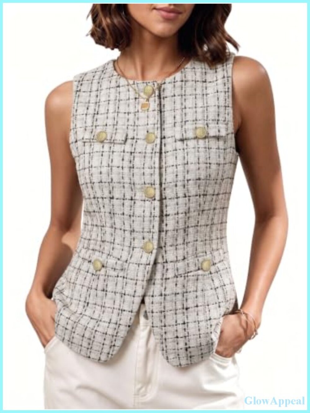 Tweed Vest Button Front Sleeveless Waistcoat Casual Tops